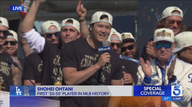 Shohei Ohtani makes rare public address to Dodgers celebration crowd