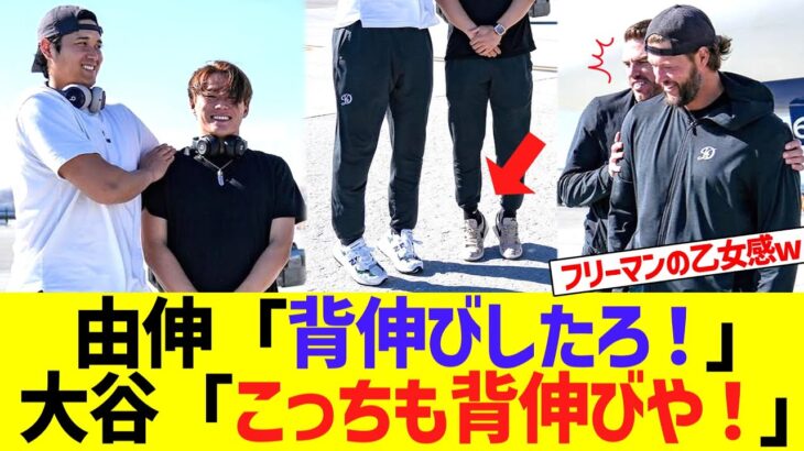 山本由伸「背伸びしたろ！」　大谷翔平「こっちも背伸びや！」カーショウ「何してんのこいつらwwww」フリーマン「･･･きゅん❤」