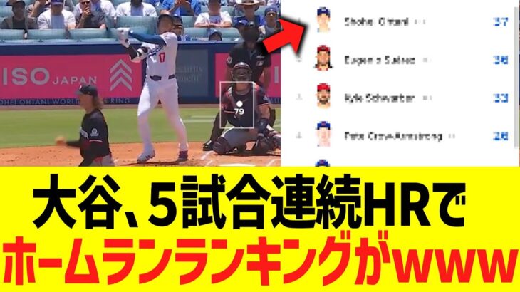 大谷翔平５試合連続第３７号ホームランで、ホームランランキングがwwwww