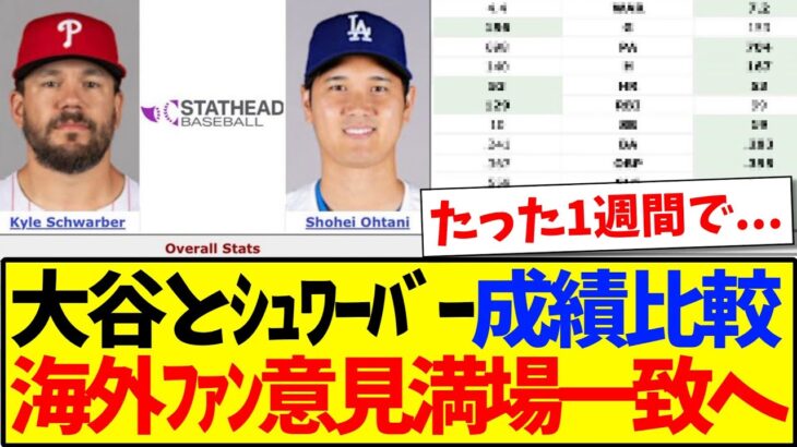 【海外の反応】大谷翔平とシュワーバーの打者成績を見て、意見が満場一致してしまう海外MLBファンの反応がこちらですwww