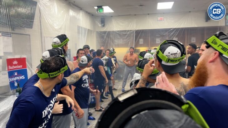 Shohei Ohtani’s interpreter Will Ireton & Dodgers trainers on Slip ‘N Slide for NL West celebration