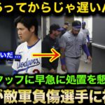 【感動】大谷翔平がフェンス直撃で負傷交代した敵軍選手に神対応！球場スタッフに声を掛け応急処置の手伝いを懇願！”異例の行動”に米国が感謝【海外の反応】