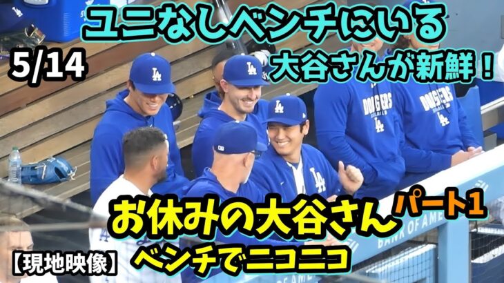 新鮮！お休みの大谷さん、ダグアウトでみんなと話したりスミスの先頭打者弾に大喜び！由伸さんと笑顔で会話😃